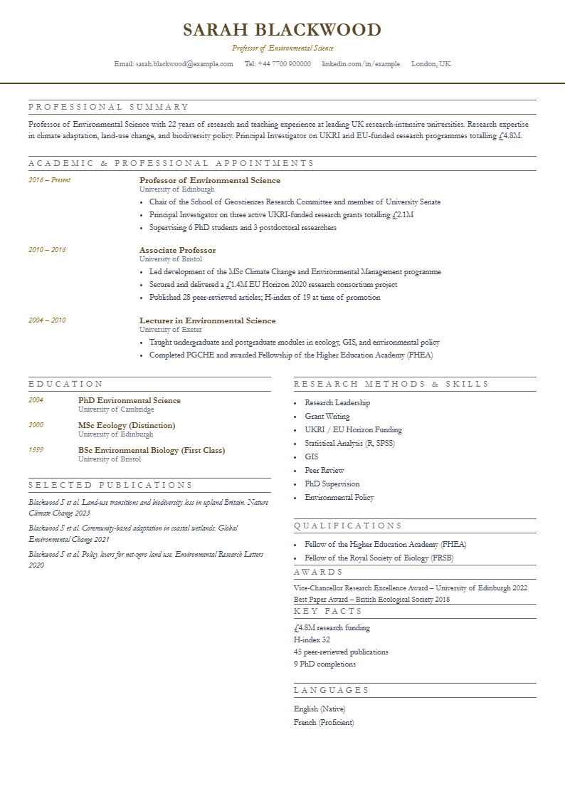 Sample Academic and Research CV in a formal serif layout
