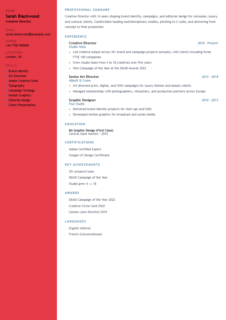 Sample Creative and Artist CV with bold red and blue colour blocks