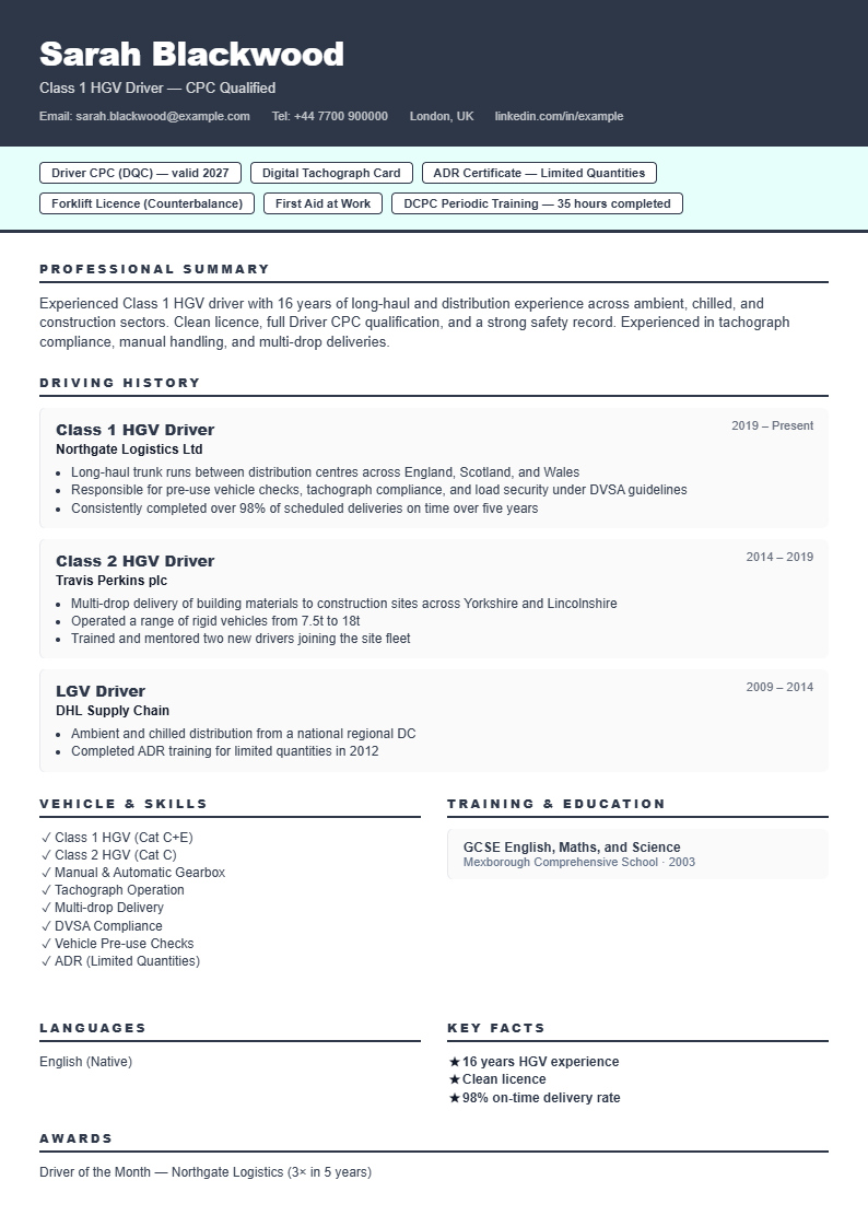 Sample Driver and Logistics CV with boxed sections