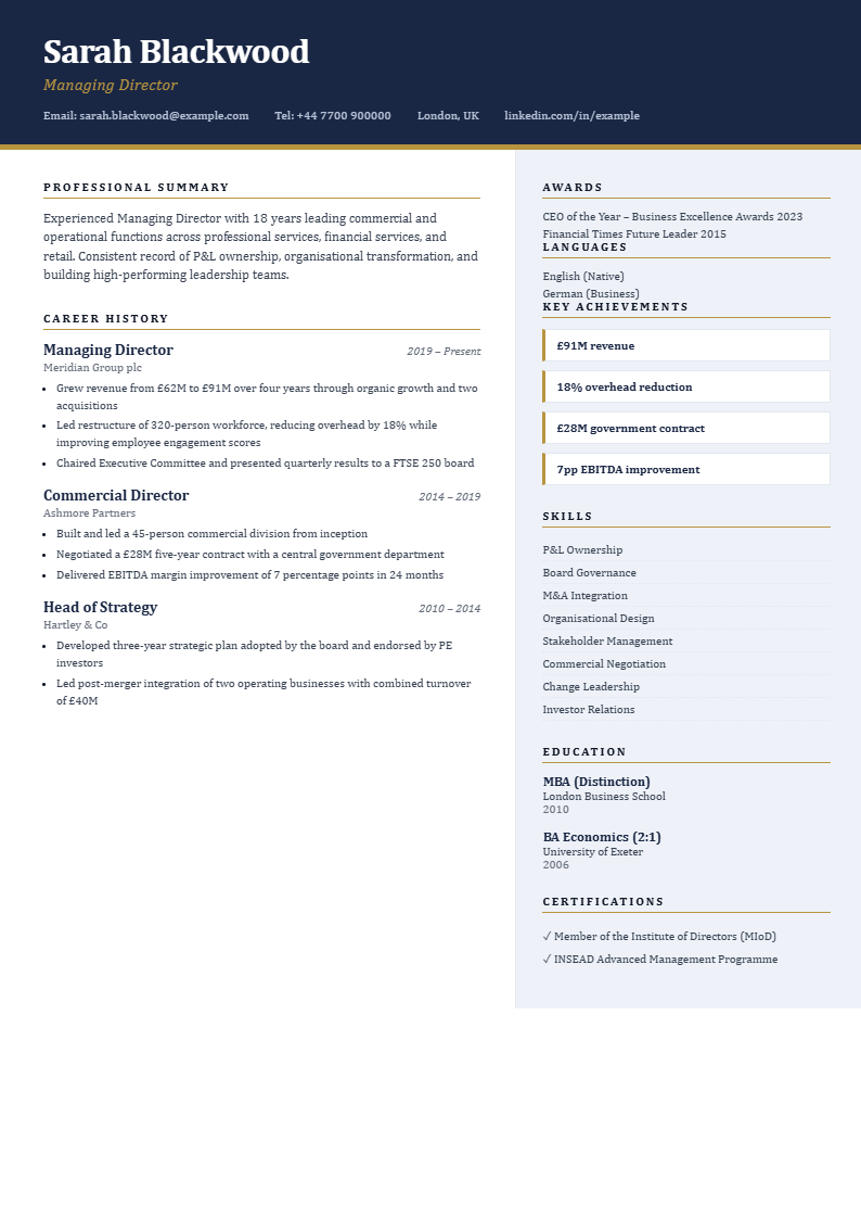 Sample Corporate Executive CV with a navy and gold banner header
