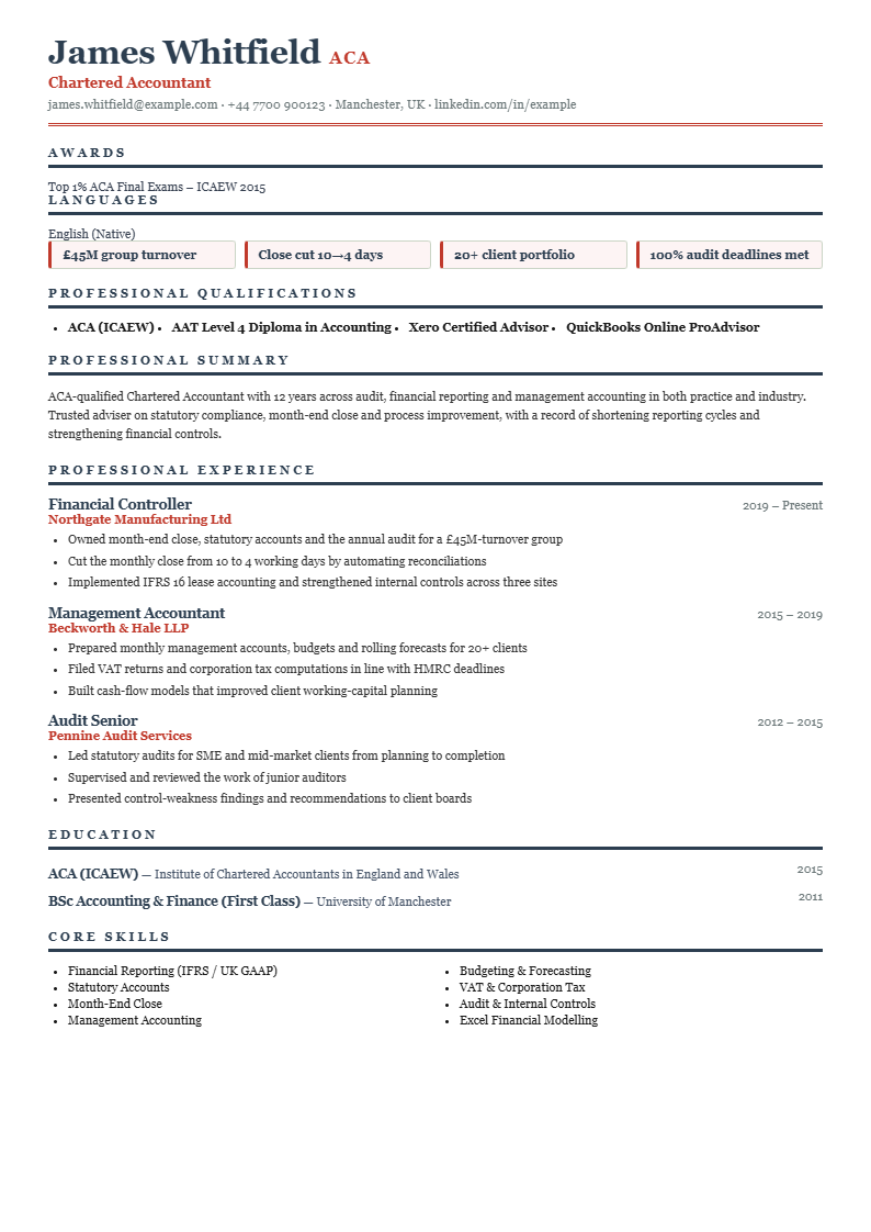 Sample Finance and Accounting CV with a dark header and red accents