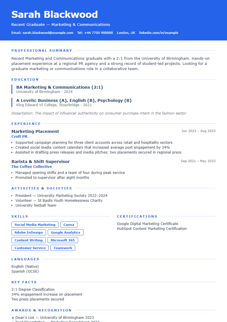 Sample Graduate CV in a plain single-column layout