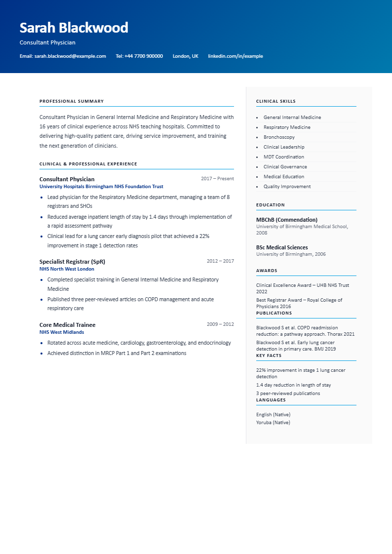 Sample Healthcare and Medical CV with a blue banner header