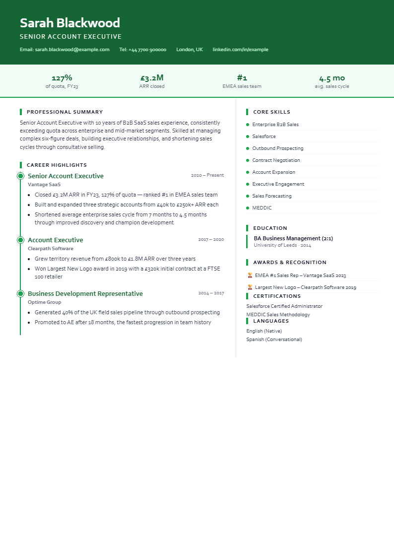Sample Sales and Business Development CV with a green timeline of roles