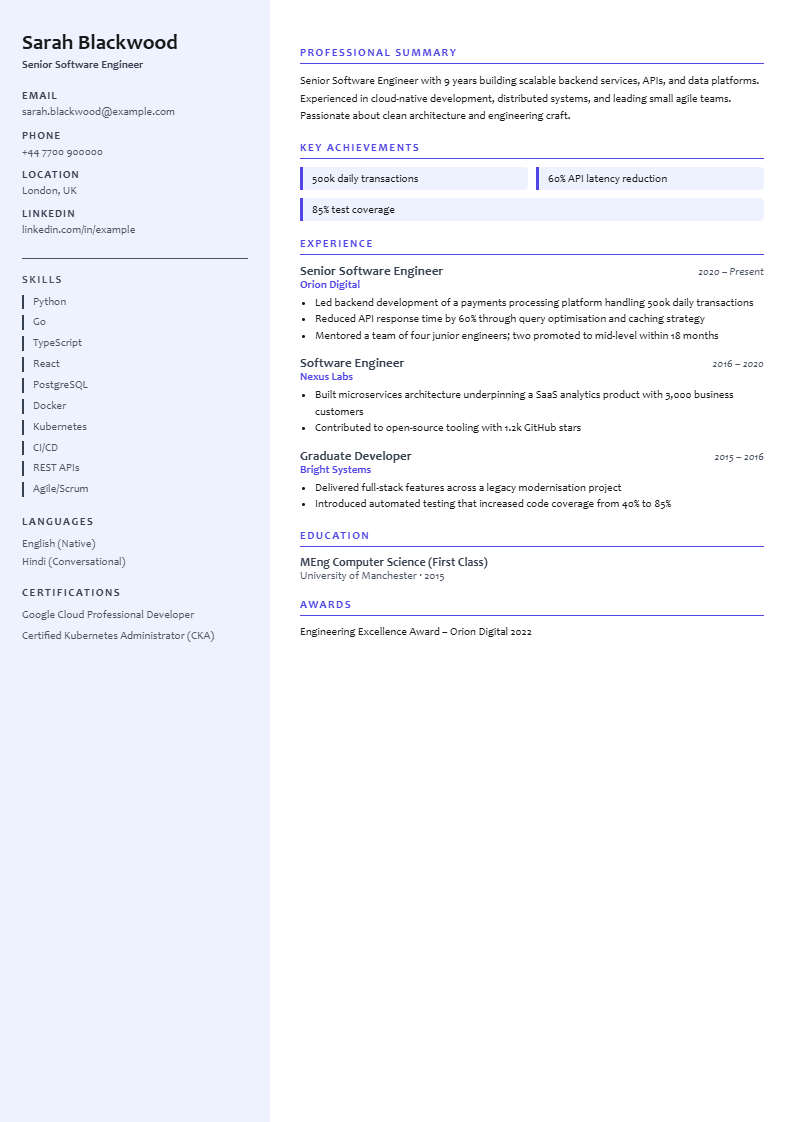 Sample Technology CV with a pale sidebar for contact details and skills