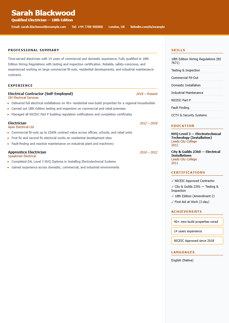 Sample Trades and Construction CV with an orange header and two columns